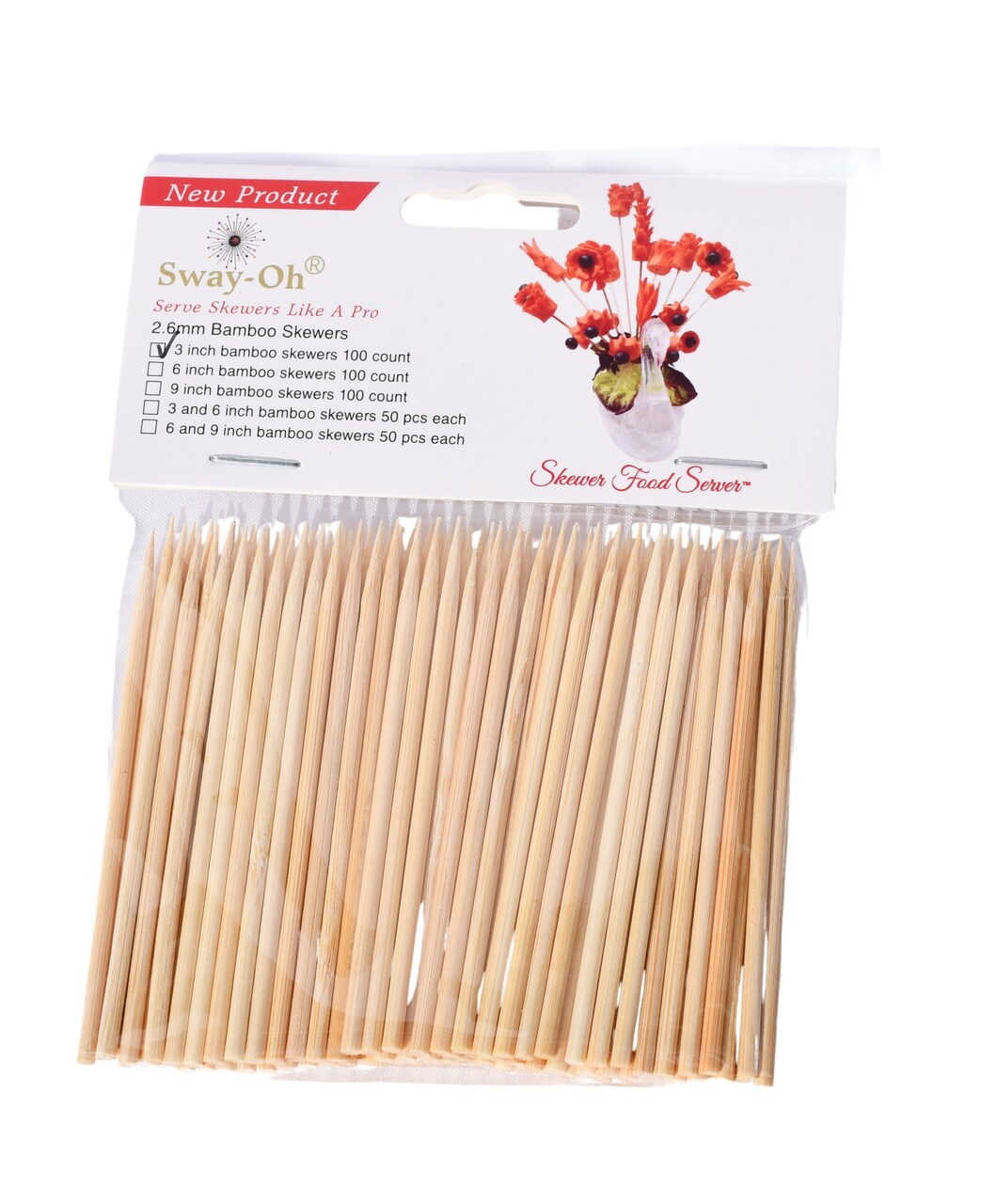 3" Natural Bamboo Skewers, 100 Count - Ø=2.6mm. Natural Bamboo. Strong, durable, bamboo skewers to display bite-sized fruits, vegetables, meats, cheese, desserts, and other appetizers.